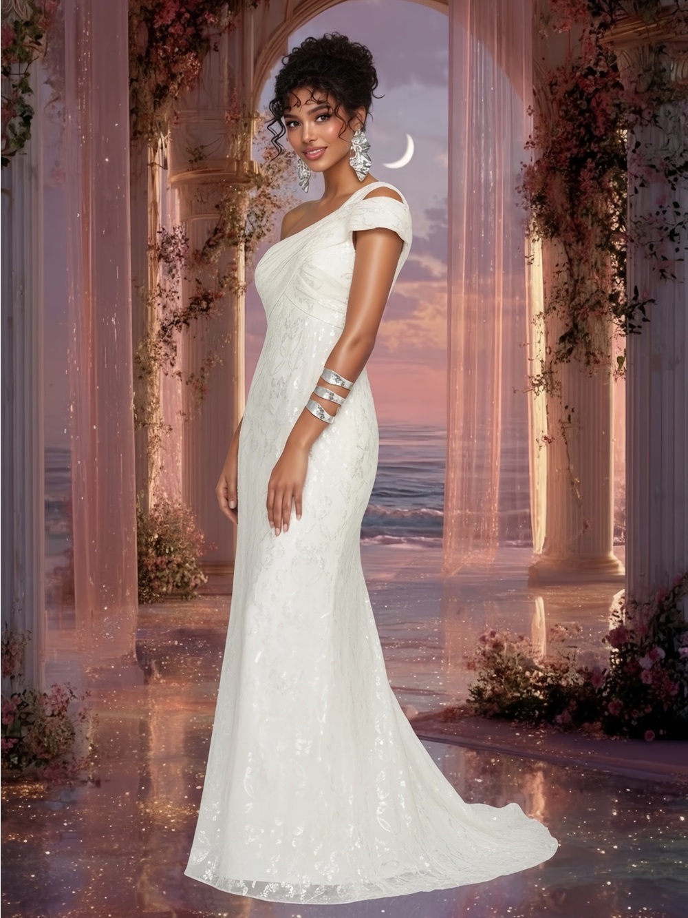 Silk Nicole Miller Elegant One-Shoulder White Foiled Evening Gown